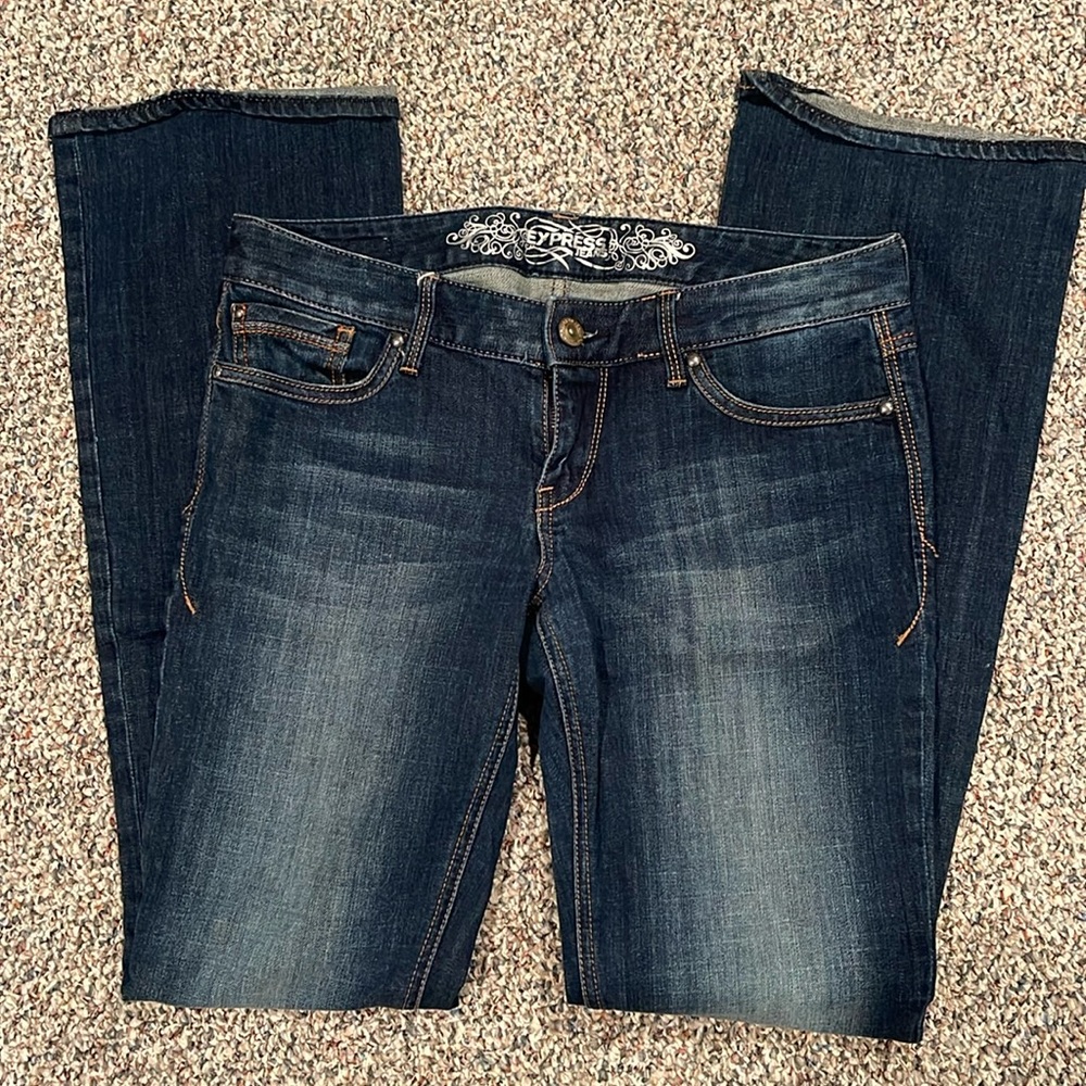 Express women’s jeans, dark wash, low rise, boot cut